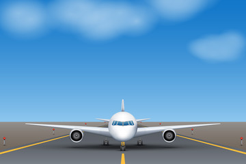 Fototapeta na wymiar The plane takes off on the runway at the airport during the day. Airplane standing on runway front view. Vector Illustration.
