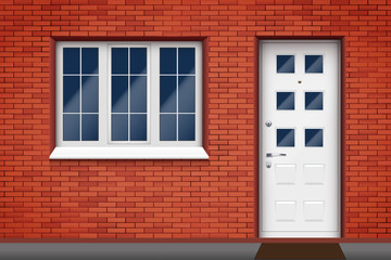 Exterior of a brick house with window and white door. Facade of a house with a red brick wall. Vector Illustration.