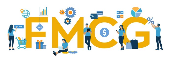 Fototapeta premium FMCG. Fast Moving Consumer Goods acronym. Quickly moving product, short term goods. Business and commerce concept with big word or text. Vector illustration with characters and icons.