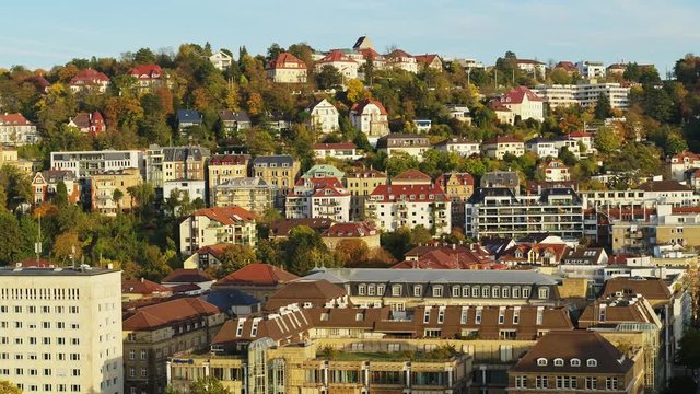 beautyful aerialflight over city of Stuttgard, H&ouml;lderlinplatz, Kr&auml;herwald