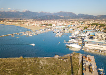 Aerial view from drone of the turistic harbor with many boat and luxory yacht