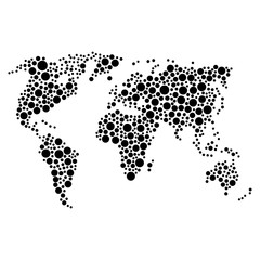 World map from black circles of different diameters or spots, blotches, abstract concept geometric shape. Vector illustration.