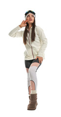 Woman wearing stylish winter sport clothes on white background