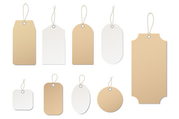 Vector price tag. Blank paper label. Template empty tag for price of buy in shop, hang sale, gift. Luggage tag with cord. Texture ticket. White labels with string. Set of sticker. Isolated vector