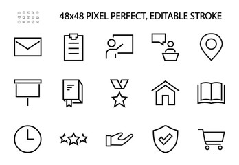 A set of icons on the theme of education and business trends, contains such icons as a book, presentation, medal, purchase, house, award. 48x48 Pixel Perfect. Editable stroke