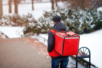 Courier is delivering food with red thermal backpack. Delivery boy goes and carries isothermal bag with ordered food. Fast delivery service from favorite restaurants in any weather around the clock