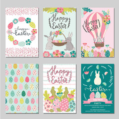 Set of Easter typography greeting cards, banner, poster templates in hand drawn scandinavian style. Vector cute animal illustration, easter bunny rabbits, easter eggs, flowers, basket and florals