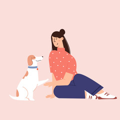 Flat cartoon vector illustration about human and puppy friendship 