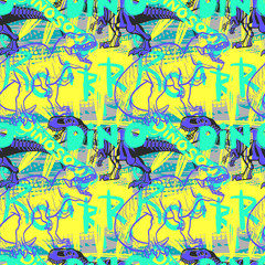Obraz na płótnie Canvas Dinosaur T rex color creative hand drawn seamless pattern for boys and girls