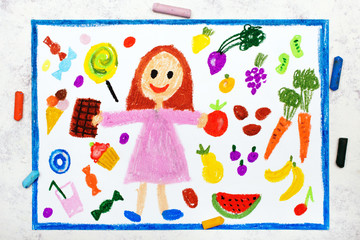 Obraz na płótnie Canvas Photo of colorful drawing: The choice between healthy food and unhealthy food. A smiling girl and sweets on one side, vegetables and fruit on the other side. 