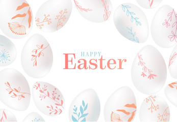 Happy Easter type composition. Easter eggs with floral decor background. Design collection, poster background, greeting card template. Vector illustration.
