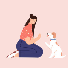 Flat cartoon vector illustration about human and puppy friendship 