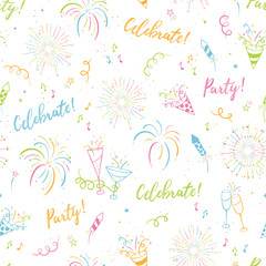 Fototapeta na wymiar Cute hand drawn party seamless pattern, fun doodle background, great for banners, wallpapers, textiles, wrapping - vector design