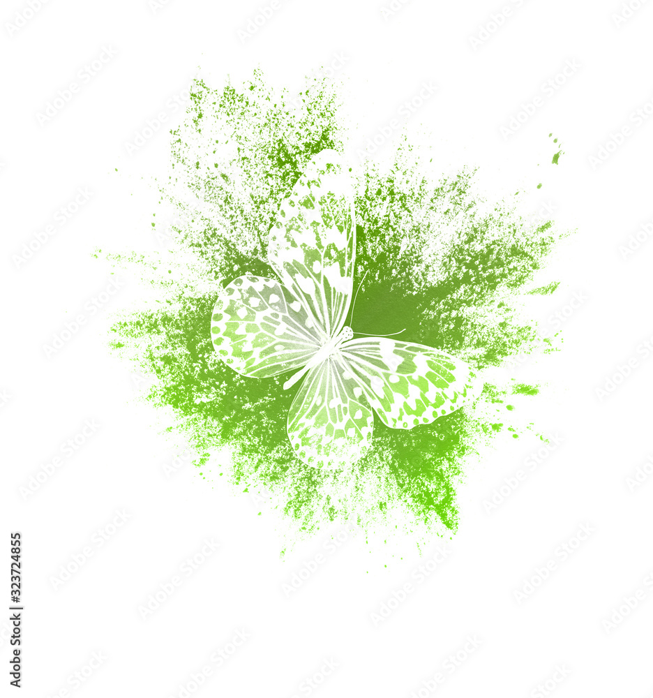 Poster color paint splashes with butterfly isolated on a white background. print for the designer