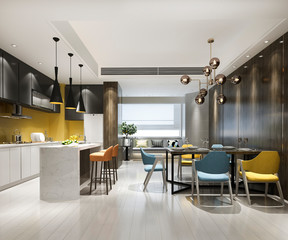 3d rendering scandinavian vintage kitchen with dining table and colorful chair