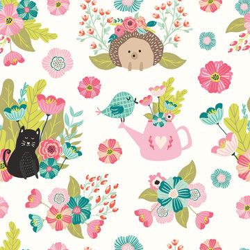 Seamless pattern with spring flowers, animals, butterflies, birds for fabric, wallpaper, scrapbboking, textile,children products. Vector cute hand drawn print illustration with animals  and flowers