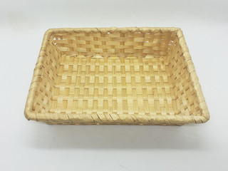 Traditional Ethnic Artistic Brown Wooden Handmade Bamboo Rattan Basket Container Tray for Home Interiors Decoration in White Isolated Background
