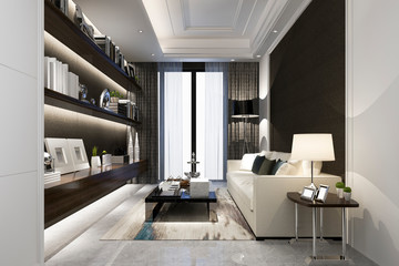 Fototapeta na wymiar 3d rendering white modern classic living room with marble tile and bookshelf
