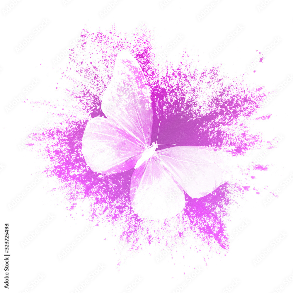 Poster color paint splashes with butterfly isolated on a white background. print for the designer