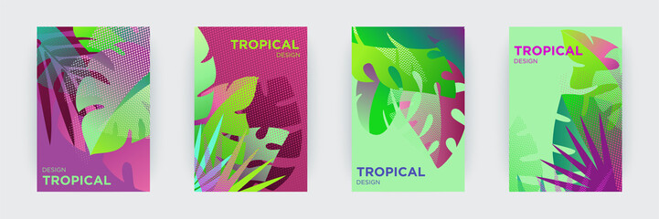 Tropical themed creative covers set.  Colorful compositions of palm leaves and halftone patterns. Geometric design templates with place for text. Flat style vector illustration