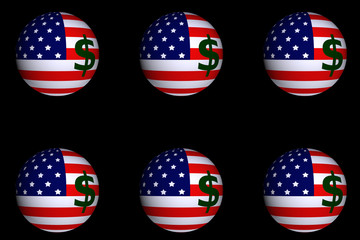 3d sphere of USA flag with dollar currency symbol on black background copy space