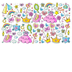 Princess birthday party for little girls. Kindergarten, school children picture. Illustration for children with castle, fairy, dress, crown.