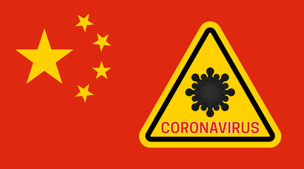 Coronavirus outbreak in China. Poster warning of biological infection. 2019-nCoV virus and biohazard sign on the red flag of China. Infographics. Vector illustration