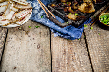 Korean traditional national food. Asian food. Korean food frozen pork belly, Sliced pork belly,...