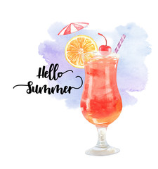Watercolor summer drink orange cherry and umbrella hand drawn illustration clipping path isolated on white background.