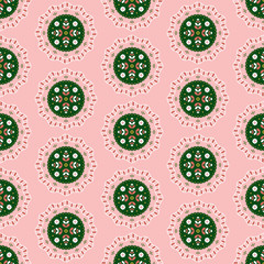 Folk floral ornament. Seamless pattern with abstract flowers on pink background.