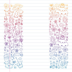 Princess birthday party for little girls. Kindergarten, school children picture. Illustration for children with castle, fairy, dress, crown.