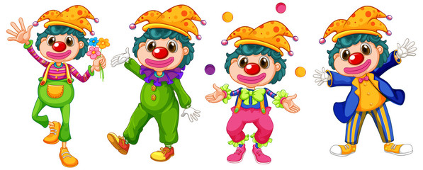 Four funny clowns on white background