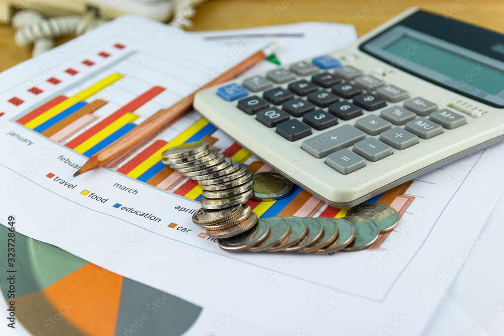 Poster the stack of coin with business paper graphs and pencil with charts report, calculator, concept of c