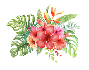 Watercolor Hibiscus bouquet Elements layer path, di-cut alpha path clipping path isolated on white background for wedding greeting card. Watercolor bouquet tropical flower.