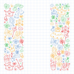 Princess birthday party for little girls. Kindergarten, school children picture. Illustration for children with castle, fairy, dress, crown.