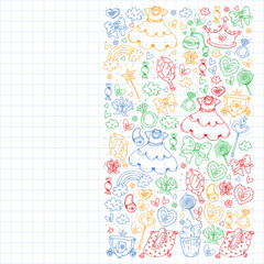 Princess birthday party for little girls. Kindergarten, school children picture. Illustration for children with castle, fairy, dress, crown.