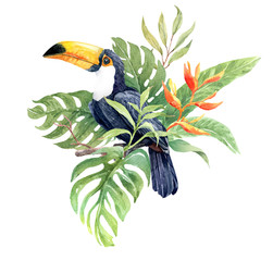 Watercolor Toucan bird in tropical bouquet elements paint for summer, Print on Demand, Hibiscus bouquet isolated on white background. This has clipping path. © SapG Art
