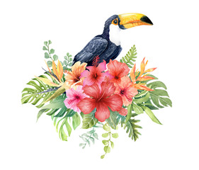 Watercolor Toucan bird in hibiscus bouquet elements paint for summer, Print on Demand, Hibiscus bouquet isolated on white background. This has clipping path.