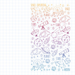 Space vector illustration. Science, technology pattern. Rocket and spaceships.