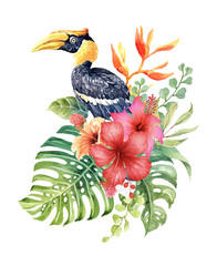 Watercolor tropical Great hornbill in Hibiscus bouquet Elements layer path, di-cut alpha path clipping path isolated on white background for wedding greeting card.