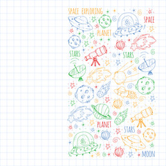 Space vector illustration. Science, technology pattern. Rocket and spaceships.