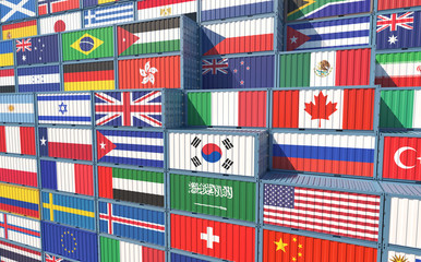Container Terminal - Freight container with different national flag designs. 3D Rendering