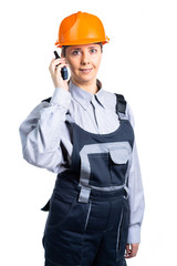 Girl builder talking on the walkie-talkie. isolated