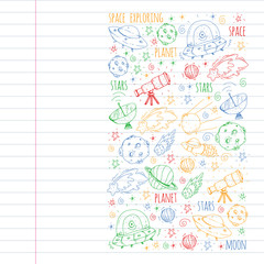 Space vector illustration. Science, technology pattern. Rocket and spaceships.