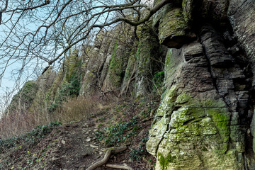 basalt columns on hiking trail in Hungary part of the hungarian national blue trail on the Saint George hill