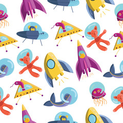 Seamless pattern on a space theme with an astronaut cat, whale, snake, spaceship, printable vector illustration