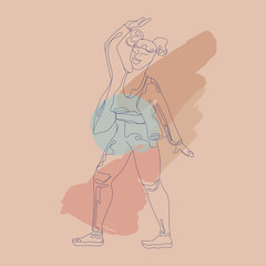 Line art girl. Brush strokes on the background. Hand drawn young asian woman's silhouette. One line portrait of strathing lady. Pastel colors. Contemprorary. Modern graphic drawing.Vector illustration