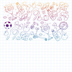 Fototapeta na wymiar Vector pattern with sport elements. Fitness, games, exercises. Doodle icons in kids drawing style