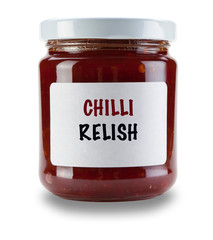 SIngle jar of Chilli relish, with white label saying Chilli relish, isolated on a white background