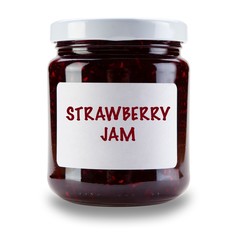 SIngle jar of strawberry jam, with white label saying strawberry jam, isolated on a white background